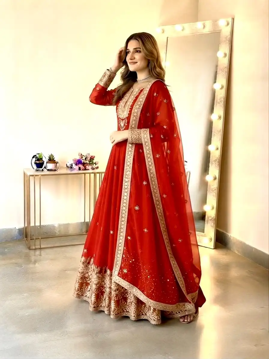 SSR 546 Red in Georgette Embroidery Work & Sequins Work Gown . Get it for ₹2149. Delivery 4-6 Working Days. Online Shop now. | Gowns, Bollywood Gowns, Creative Gowns, Designer Gowns, Embroidered Gowns, Party Wear Gowns