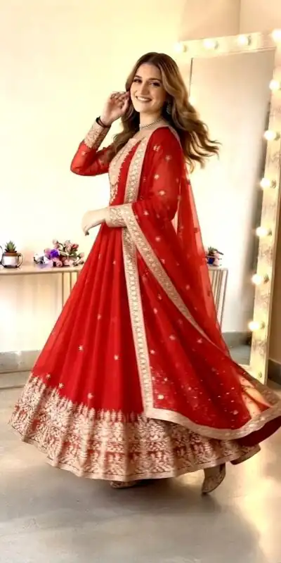 SSR 546 Red in Georgette Embroidery Work & Sequins Work Gown . Get it for ₹2149. Delivery 4-6 Working Days. Online Shop now. | Gowns, Bollywood Gowns, Creative Gowns, Designer Gowns, Embroidered Gowns, Party Wear Gowns