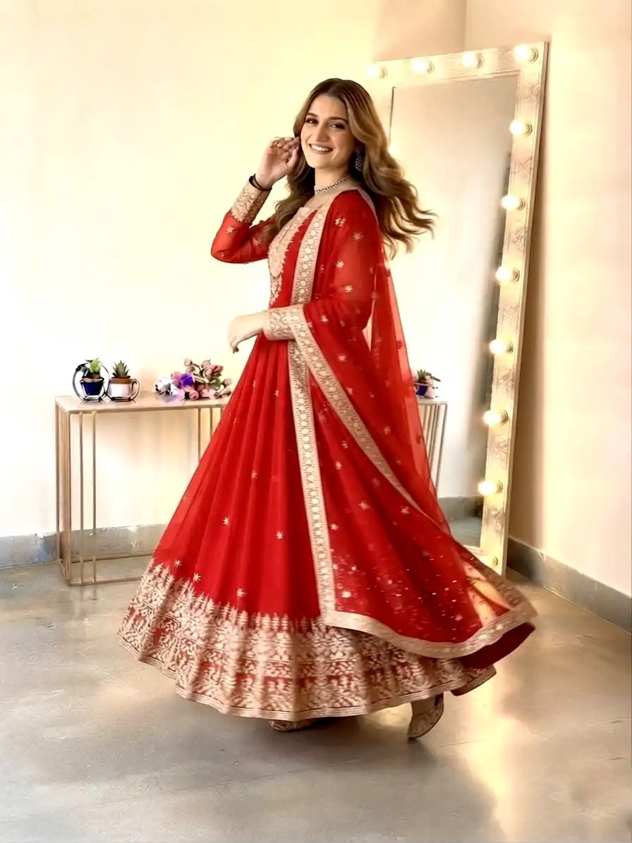 SSR 546 Red in Georgette Embroidery Work & Sequins Work Gown . Get it for ₹2149. Delivery 4-6 Working Days. Online Shop now. | Gowns, Bollywood Gowns, Creative Gowns, Designer Gowns, Embroidered Gowns, Party Wear Gowns