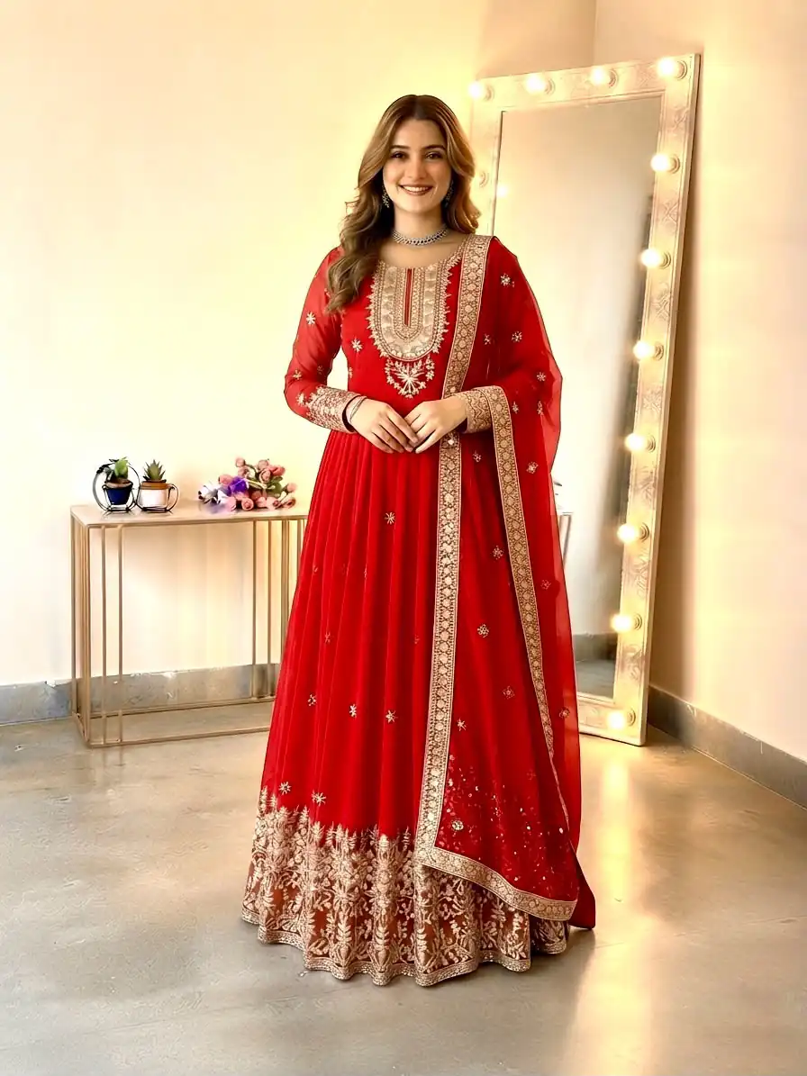 SSR 546 Red in Georgette Embroidery Work & Sequins Work Gown . Get it for ₹2149. Delivery 4-6 Working Days. Online Shop now. | Gowns, Bollywood Gowns, Creative Gowns, Designer Gowns, Embroidered Gowns, Party Wear Gowns