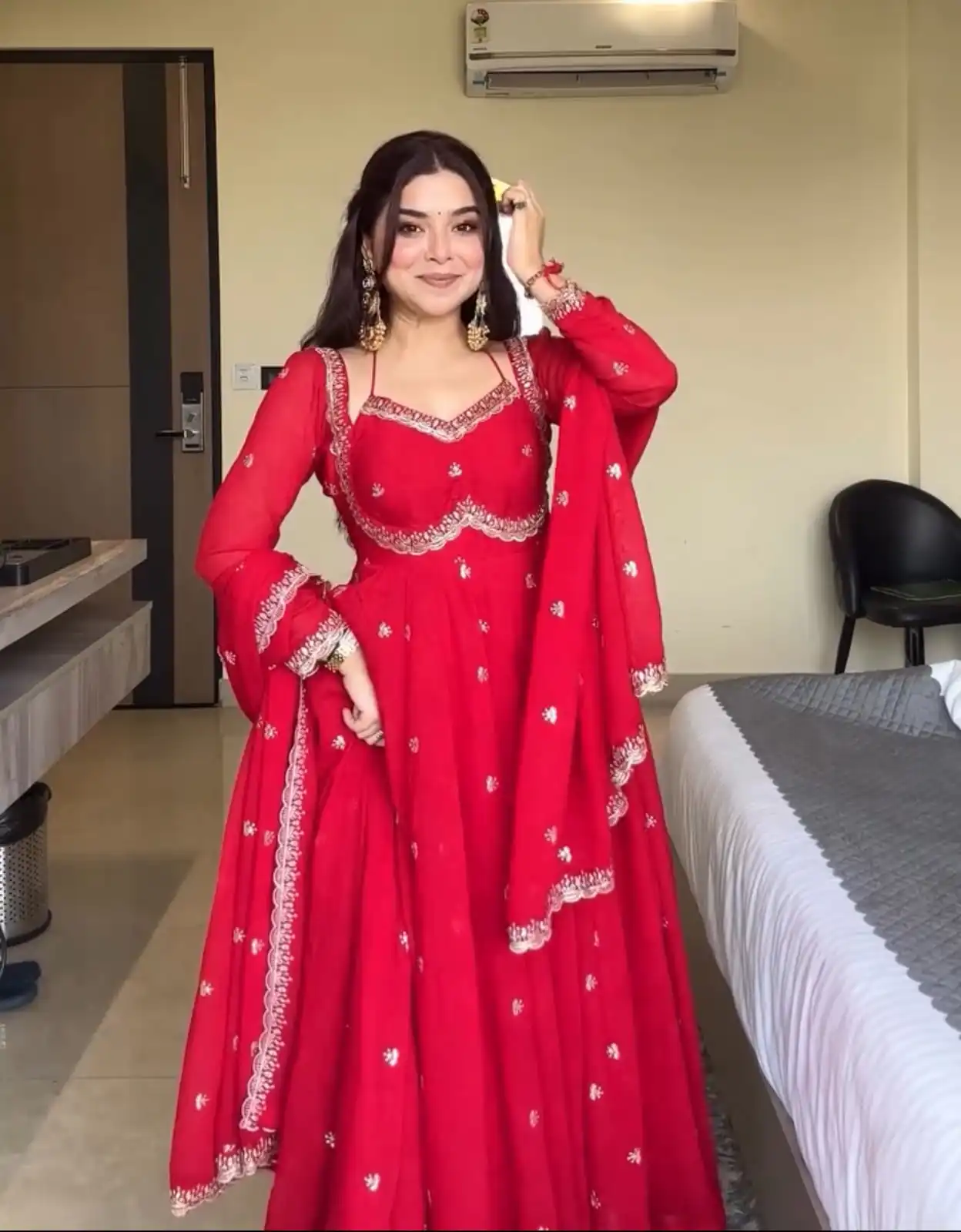 NSR 874 Red Georgette Thread With Sequence Gown Perfect for Wedding, Party, Reception, Holi, Eid . Available at ₹1799 only. Delivery 4-6 Working Days. | Gowns, Bollywood Gowns, Creative Gowns, Designer Gowns, Embroidered Gowns, Party Wear Gowns