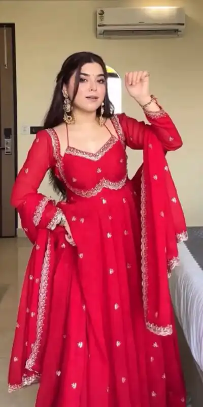 NSR 874 Red Georgette Thread With Sequence Gown Perfect for Wedding, Party, Reception, Holi, Eid . Available at ₹1799 only. Delivery 4-6 Working Days. | Gowns, Bollywood Gowns, Creative Gowns, Designer Gowns, Embroidered Gowns, Party Wear Gowns