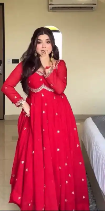 NSR 874 Red Georgette Thread With Sequence Gown Perfect for Wedding, Party, Reception, Holi, Eid . Available at ₹1799 only. Delivery 4-6 Working Days. | Gowns, Bollywood Gowns, Creative Gowns, Designer Gowns, Embroidered Gowns, Party Wear Gowns