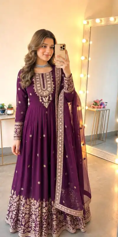 SSR 546 Wine in Georgette Embroidery Work & Sequins Work Gown . Get it for ₹2149. Delivery 4-6 Working Days. Online Shop now. | Gowns, Bollywood Gowns, Creative Gowns, Designer Gowns, Embroidered Gowns, Party Wear Gowns