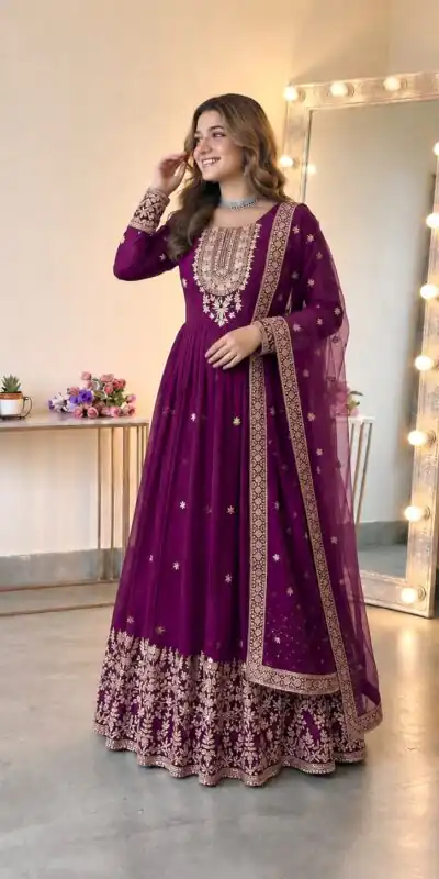 SSR 546 Wine in Georgette Embroidery Work & Sequins Work Gown . Get it for ₹2149. Delivery 4-6 Working Days. Online Shop now. | Gowns, Bollywood Gowns, Creative Gowns, Designer Gowns, Embroidered Gowns, Party Wear Gowns