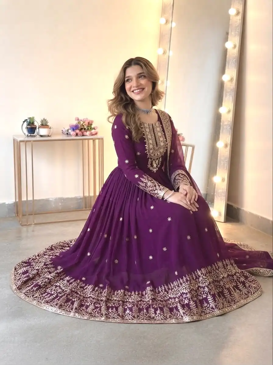 SSR 546 Wine in Georgette Embroidery Work & Sequins Work Gown . Get it for ₹2149. Delivery 4-6 Working Days. Online Shop now. | Gowns, Bollywood Gowns, Creative Gowns, Designer Gowns, Embroidered Gowns, Party Wear Gowns