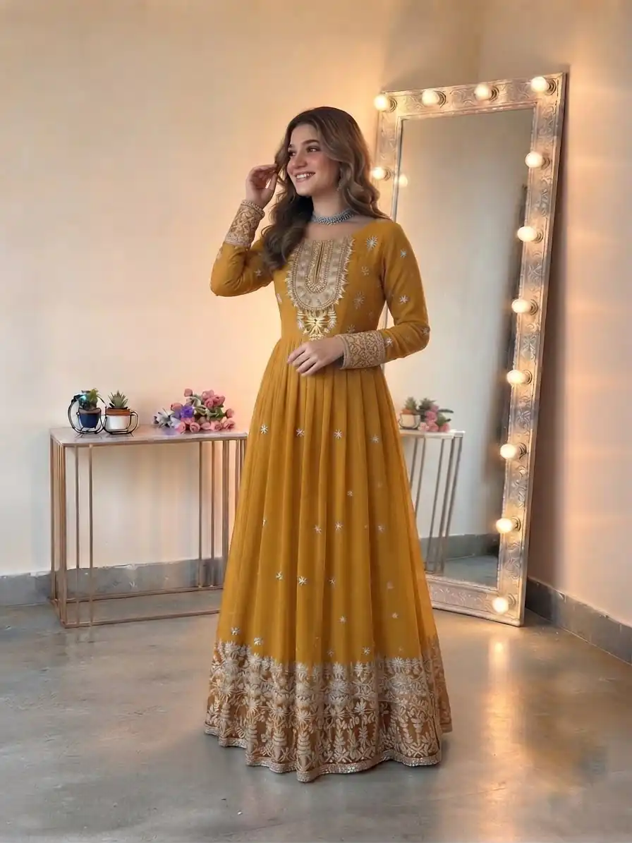 SSR 546 Yellow in Georgette Embroidery Work & Sequins Work Gown . Get it for ₹2149. Delivery 4-6 Working Days. Online Shop now. | Gowns, Bollywood Gowns, Creative Gowns, Designer Gowns, Embroidered Gowns, Party Wear Gowns