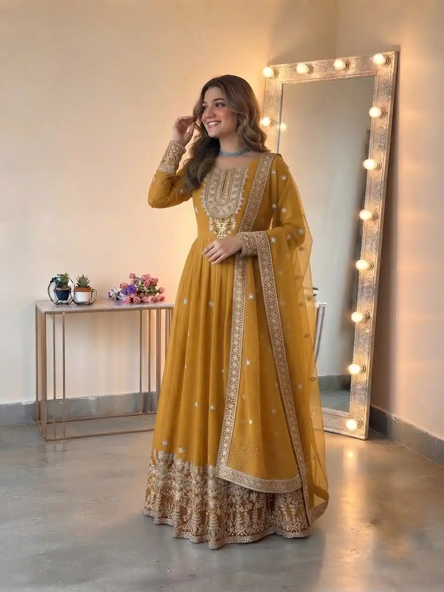 SSR 546 Yellow in Georgette Embroidery Work & Sequins Work Gown . Get it for ₹2149. Delivery 4-6 Working Days. Online Shop now. | Gowns, Bollywood Gowns, Creative Gowns, Designer Gowns, Embroidered Gowns, Party Wear Gowns