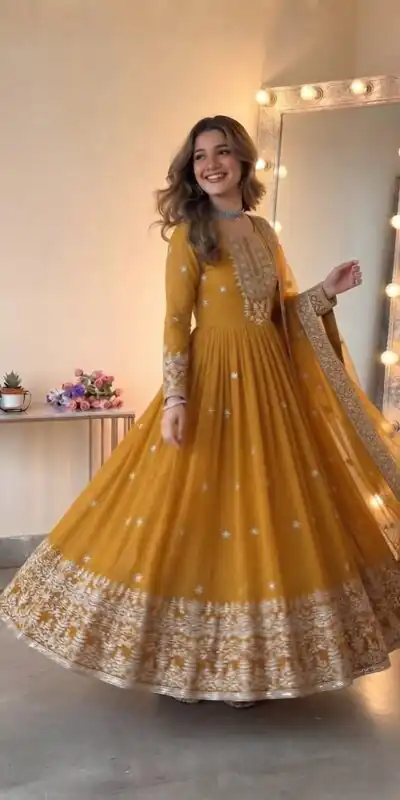 SSR 546 Yellow in Georgette Embroidery Work & Sequins Work Gown . Get it for ₹2149. Delivery 4-6 Working Days. Online Shop now. | Gowns, Bollywood Gowns, Creative Gowns, Designer Gowns, Embroidered Gowns, Party Wear Gowns