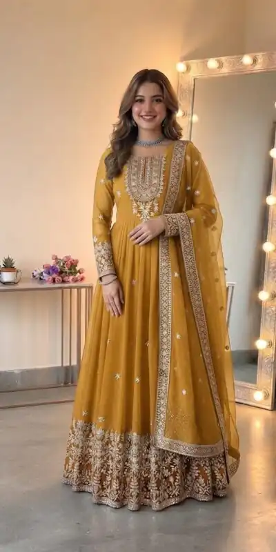 SSR 546 Yellow in Georgette Embroidery Work & Sequins Work Gown . Get it for ₹2149. Delivery 4-6 Working Days. Online Shop now. | Gowns, Bollywood Gowns, Creative Gowns, Designer Gowns, Embroidered Gowns, Party Wear Gowns