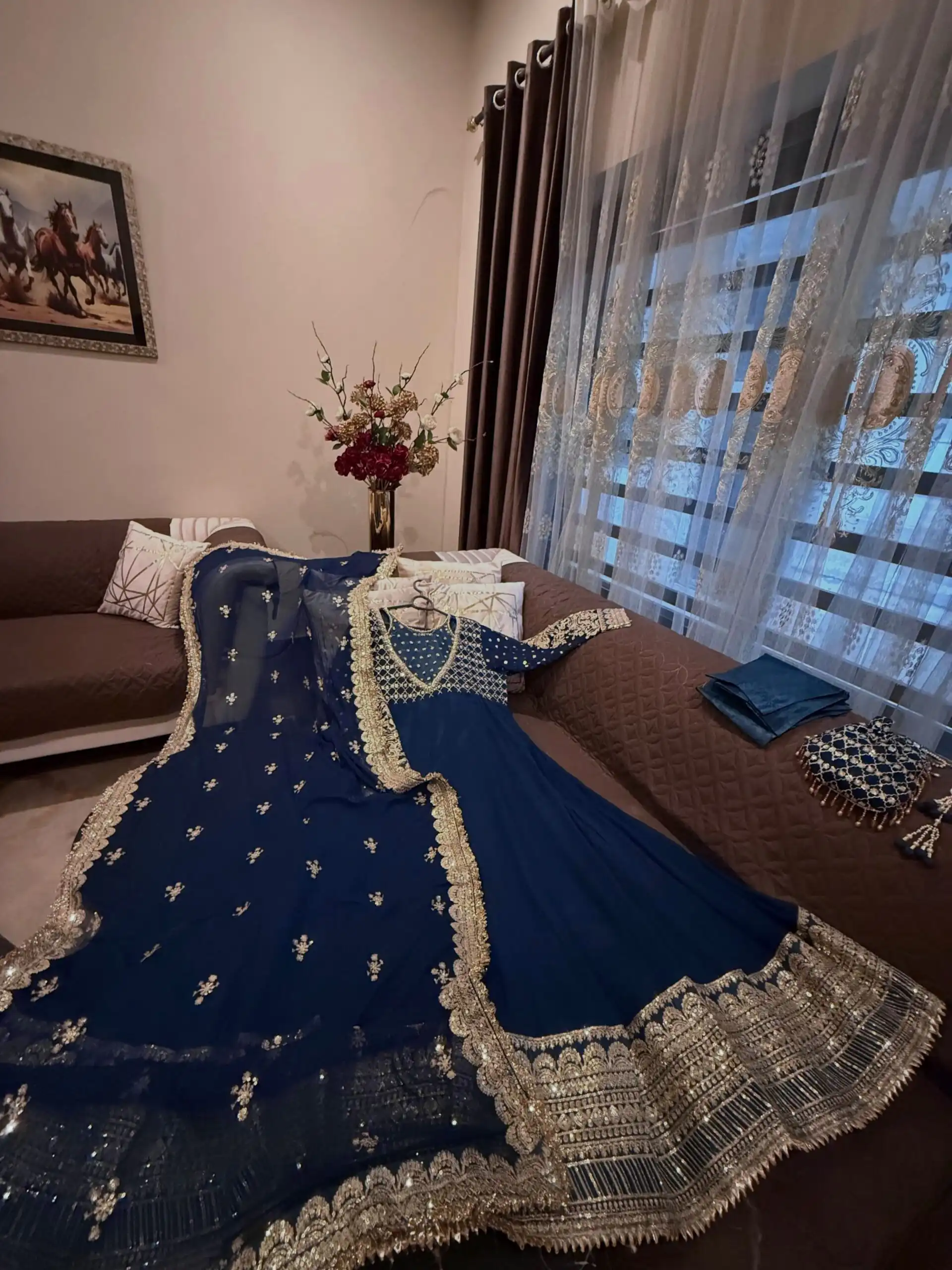 JF 049 Navy Blue Georgette Gown with Embroidery Work & Sequins Work. Exclusive Offer ₹2149. Delivery 4-6 Working Days. Shop now. | Gowns, Bollywood Gowns, Creative Gowns, Designer Gowns, Embroidered Gowns, Party Wear Gowns