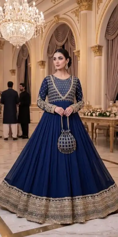 JF 049 Navy Blue Georgette Gown with Embroidery Work & Sequins Work. Exclusive Offer ₹2149. Delivery 4-6 Working Days. Shop now. | Gowns, Bollywood Gowns, Creative Gowns, Designer Gowns, Embroidered Gowns, Party Wear Gowns