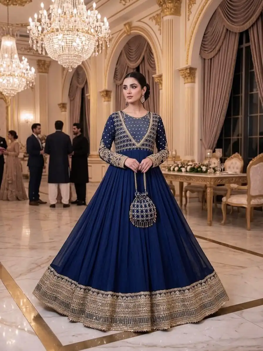 JF 049 Navy Blue Georgette Gown with Embroidery Work & Sequins Work. Exclusive Offer ₹2149. Delivery 4-6 Working Days. Shop now. | Gowns, Bollywood Gowns, Creative Gowns, Designer Gowns, Embroidered Gowns, Party Wear Gowns