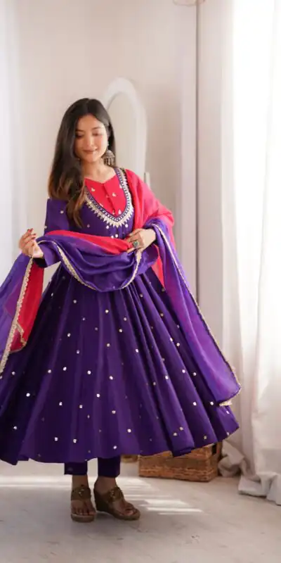 ZF 5023 Purple Roman Silk Gown with Mirror Work & Embroidery Work. Special Price ₹2099. Delivery 4-6 Working Days. Shop now. | Gowns, Bollywood Gowns, Creative Gowns, Designer Gowns, Embroidered Gowns, Party Wear Gowns