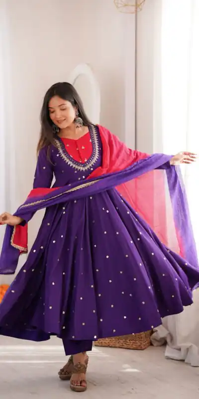 ZF 5023 Purple Roman Silk Gown with Mirror Work & Embroidery Work. Special Price ₹2099. Delivery 4-6 Working Days. Shop now. | Gowns, Bollywood Gowns, Creative Gowns, Designer Gowns, Embroidered Gowns, Party Wear Gowns
