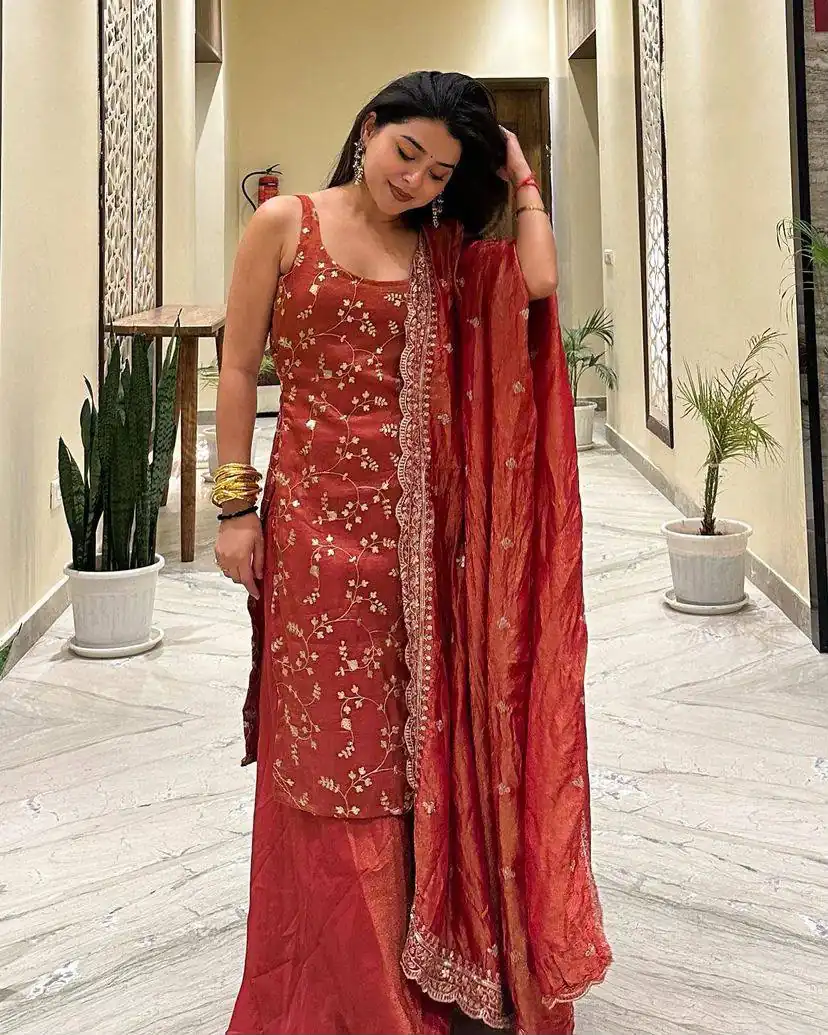 ST 174 Rust Zimmy Silk Salwar Suit Perfect for Wedding, Party, Karwa Chauth, Haldi, Eid – . Special Price ₹1999. Delivery 4-6 Working Days. Shop no | Jump Suits, Salwar suit, Designer Suits, Casual Suits, Creative suits, Palazzo Suits, Party Wear Suits, Patiala Suits, Straight Suits