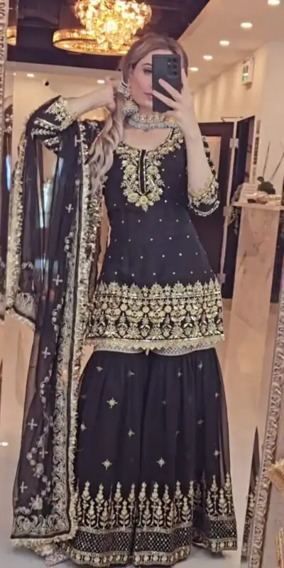 NF 1246 Black Faux Georgette Salwar Suit with Mirror Work & Embroidery Work. Get it for ₹2449. Delivery 4-6 Working Days. Shop now. | Jump Suits, Salwar suit, Designer Suits, Casual Suits, Creative suits, Palazzo Suits, Party Wear Suits, Patiala Suits, Straight Suits