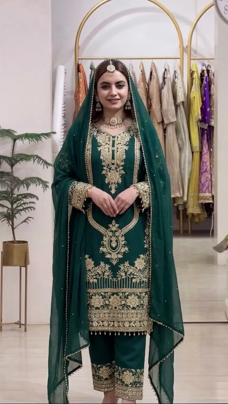 NSR 910 Green Faux Georgette Salwar Suit with Mirror Work & Embroidery Work. Get it for ₹2399. Delivery 4-6 Working Days. Shop now. | Jump Suits, Salwar suit, Designer Suits, Casual Suits, Creative suits, Palazzo Suits, Party Wear Suits, Patiala Suits, Straight Suits