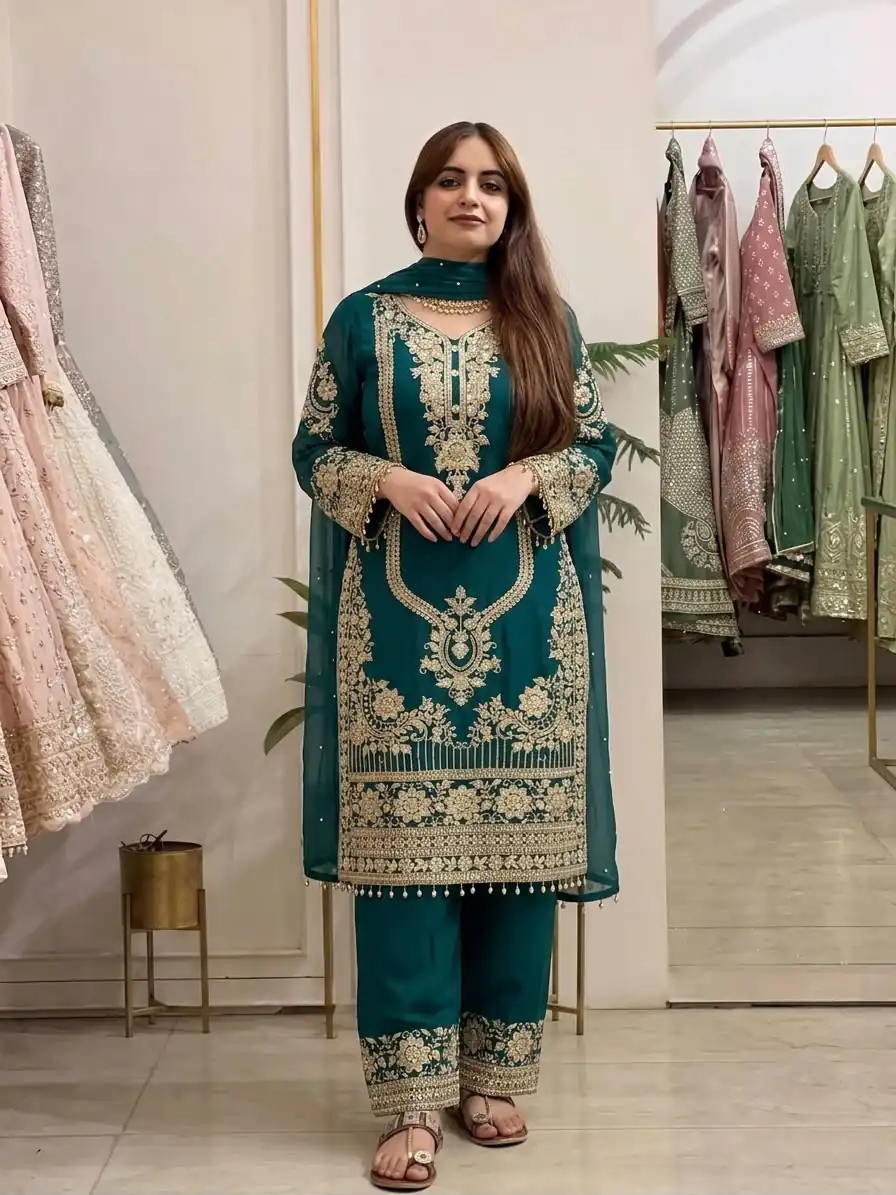 NSR 910 Green Faux Georgette Salwar Suit with Mirror Work & Embroidery Work. Get it for ₹2399. Delivery 4-6 Working Days. Shop now. | Jump Suits, Salwar suit, Designer Suits, Casual Suits, Creative suits, Palazzo Suits, Party Wear Suits, Patiala Suits, Straight Suits
