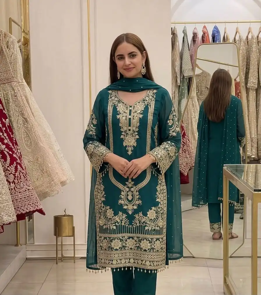 NSR 910 Green Faux Georgette Salwar Suit with Mirror Work & Embroidery Work. Get it for ₹2399. Delivery 4-6 Working Days. Shop now. | Jump Suits, Salwar suit, Designer Suits, Casual Suits, Creative suits, Palazzo Suits, Party Wear Suits, Patiala Suits, Straight Suits