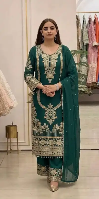 NSR 910 Green Faux Georgette Salwar Suit with Mirror Work & Embroidery Work. Get it for ₹2399. Delivery 4-6 Working Days. Shop now. | Jump Suits, Salwar suit, Designer Suits, Casual Suits, Creative suits, Palazzo Suits, Party Wear Suits, Patiala Suits, Straight Suits