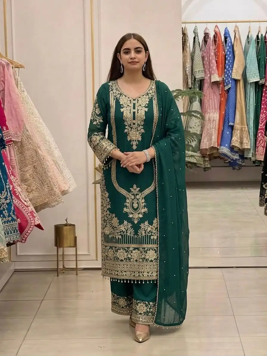 NSR 910 Green Faux Georgette Salwar Suit with Mirror Work & Embroidery Work. Get it for ₹2399. Delivery 4-6 Working Days. Shop now. | Jump Suits, Salwar suit, Designer Suits, Casual Suits, Creative suits, Palazzo Suits, Party Wear Suits, Patiala Suits, Straight Suits