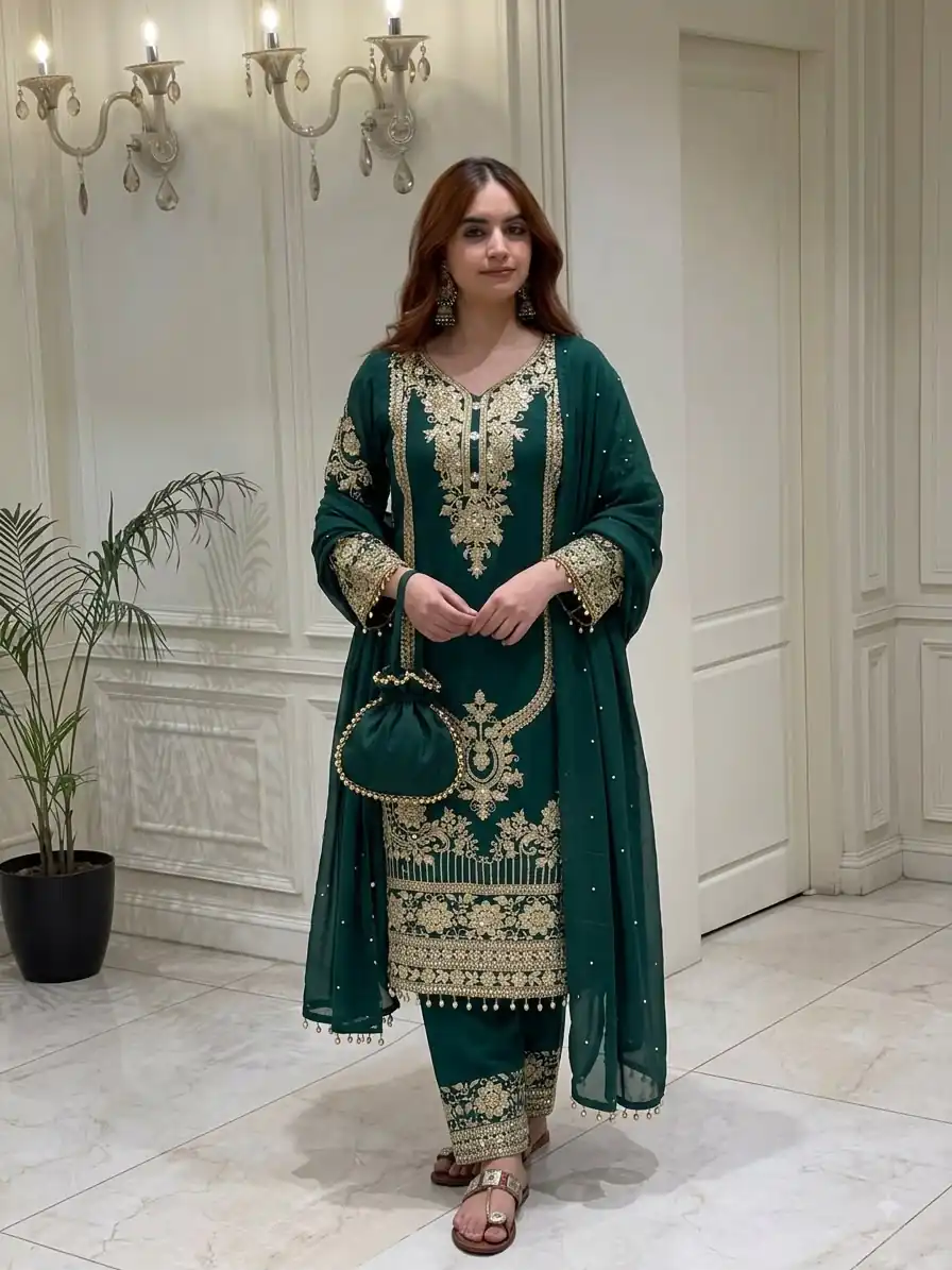 NSR 910 Green Faux Georgette Salwar Suit with Mirror Work & Embroidery Work. Get it for ₹2399. Delivery 4-6 Working Days. Shop now. | Jump Suits, Salwar suit, Designer Suits, Casual Suits, Creative suits, Palazzo Suits, Party Wear Suits, Patiala Suits, Straight Suits