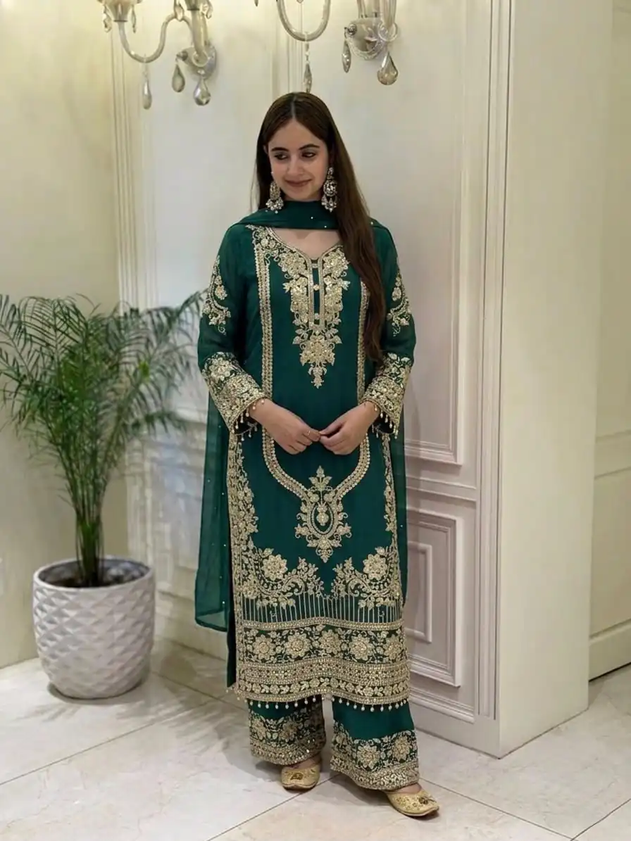 NSR 910 Green Faux Georgette Salwar Suit with Mirror Work & Embroidery Work. Get it for ₹2399. Delivery 4-6 Working Days. Shop now. | Jump Suits, Salwar suit, Designer Suits, Casual Suits, Creative suits, Palazzo Suits, Party Wear Suits, Patiala Suits, Straight Suits