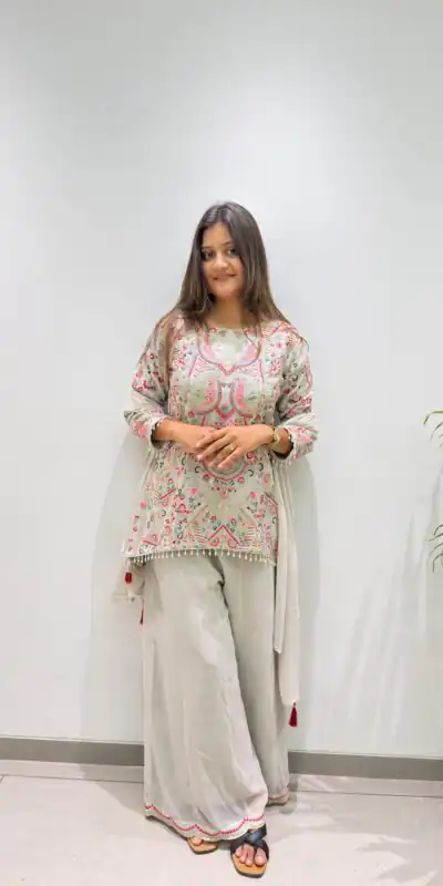 BE 489 Grey Faux Georgette Salwar Suit with Mirror Work & Embroidery Work. Get it for ₹2899. Delivery 4-6 Working Days. Shop now. | Jump Suits, Salwar suit, Designer Suits, Casual Suits, Creative suits, Palazzo Suits, Party Wear Suits, Patiala Suits, Straight Suits