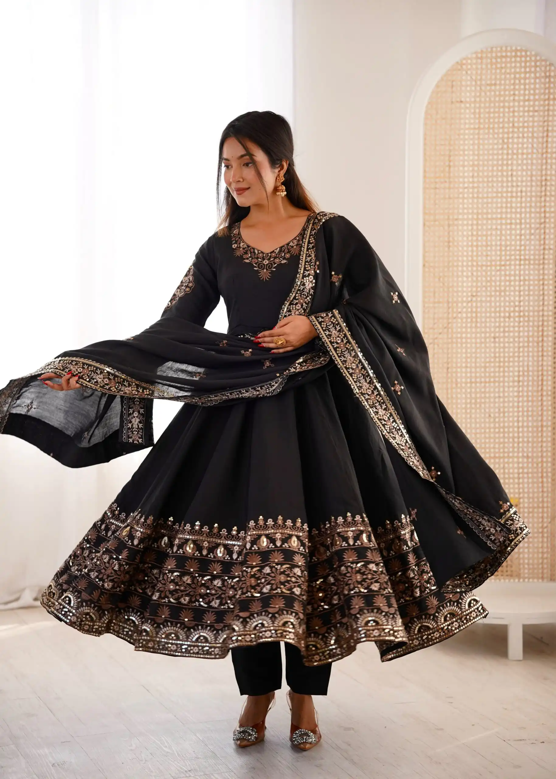 ZF 5016 Black Roman Silk Gown with Embroidery Work. Wedding, Party, Festive, Events, Navratri, Exclusive Offer ₹2499. Delivery 4-6 Working Days. Shop now. | Gowns, Bollywood Gowns, Creative Gowns, Designer Gowns, Embroidered Gowns, Party Wear Gowns