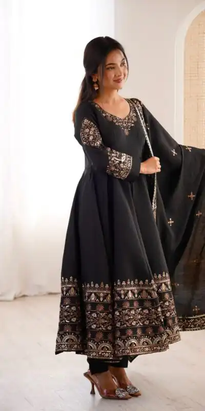ZF 5016 Black Roman Silk Gown with Embroidery Work. Wedding, Party, Festive, Events, Navratri, Exclusive Offer ₹2499. Delivery 4-6 Working Days. Shop now. | Gowns, Bollywood Gowns, Creative Gowns, Designer Gowns, Embroidered Gowns, Party Wear Gowns