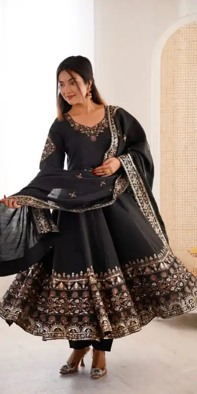 ZF 5016 Black Roman Silk Gown with Embroidery Work. Wedding, Party, Festive, Events, Navratri, Exclusive Offer ₹2499. Delivery 4-6 Working Days. Shop now. | Gowns, Bollywood Gowns, Creative Gowns, Designer Gowns, Embroidered Gowns, Party Wear Gowns