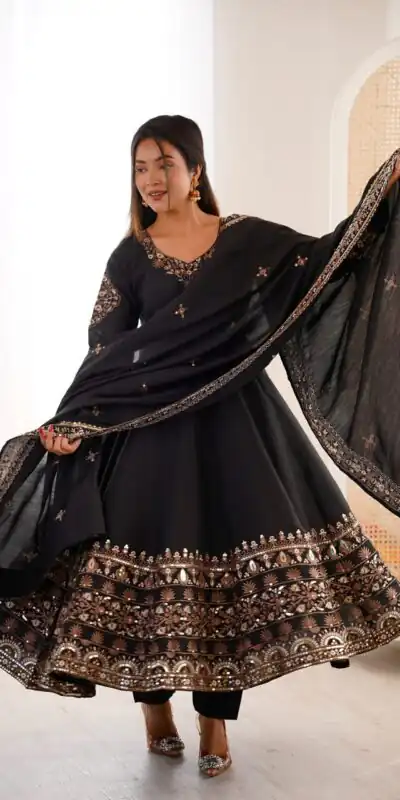 ZF 5016 Black Roman Silk Gown with Embroidery Work. Wedding, Party, Festive, Events, Navratri, Exclusive Offer ₹2499. Delivery 4-6 Working Days. Shop now. | Gowns, Bollywood Gowns, Creative Gowns, Designer Gowns, Embroidered Gowns, Party Wear Gowns