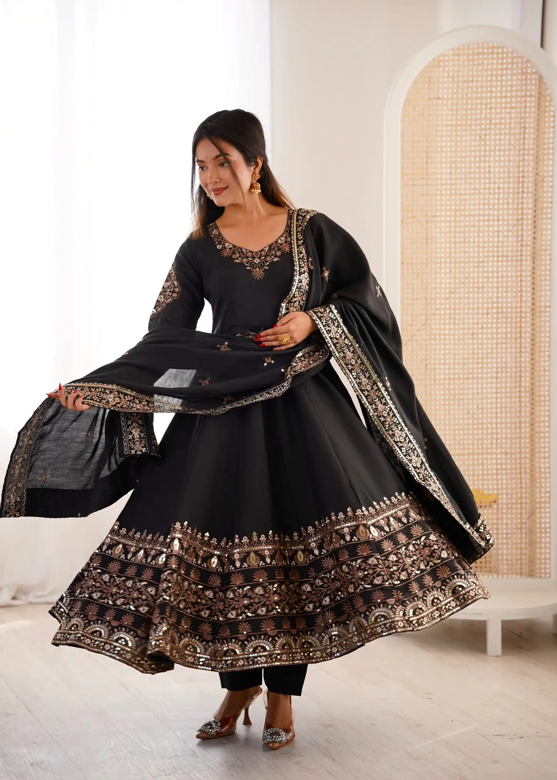 ZF 5016 Black Roman Silk Gown with Embroidery Work. Wedding, Party, Festive, Events, Navratri, Exclusive Offer ₹2499. Delivery 4-6 Working Days. Shop now. | Gowns, Bollywood Gowns, Creative Gowns, Designer Gowns, Embroidered Gowns, Party Wear Gowns