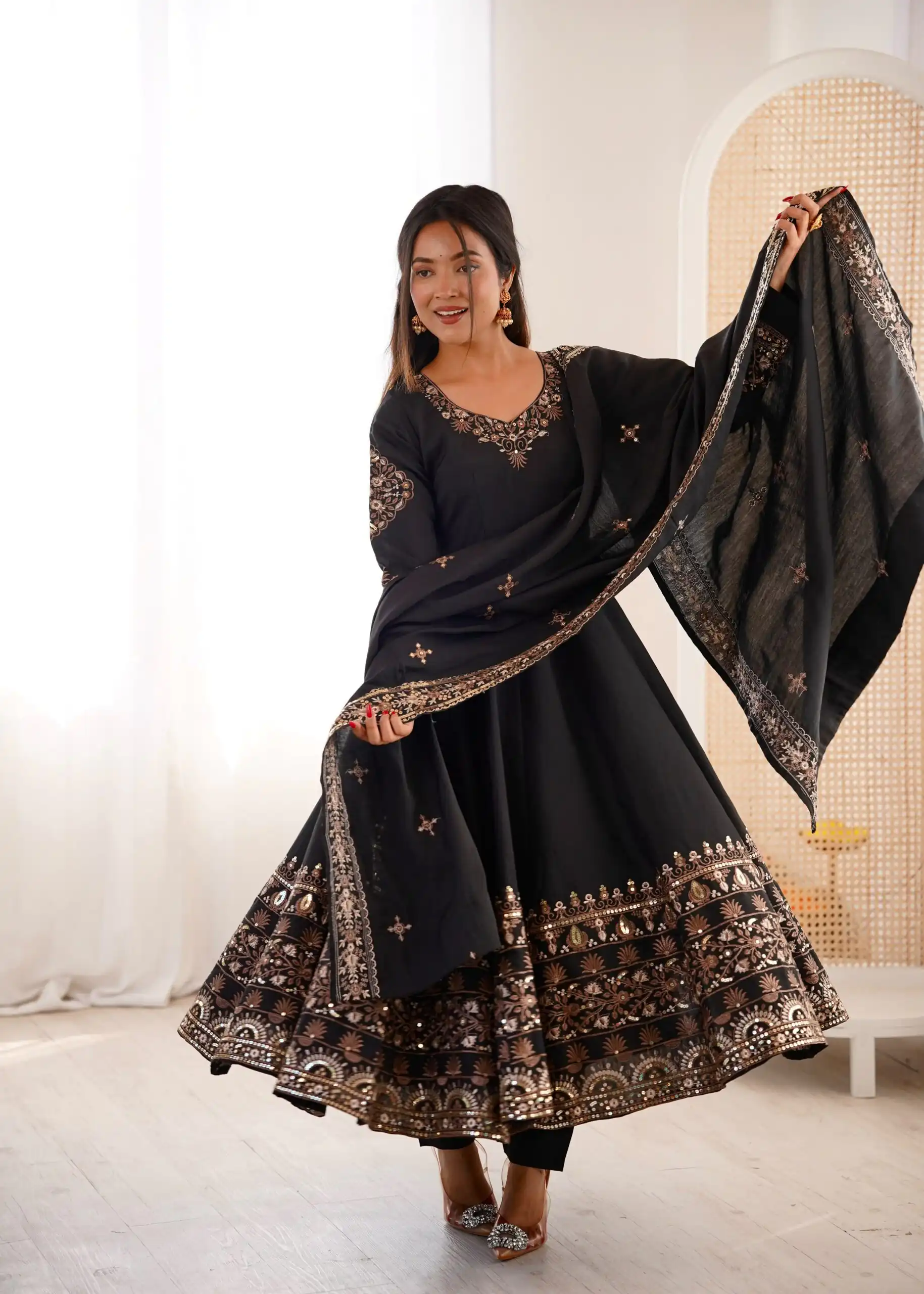 ZF 5016 Black Roman Silk Gown with Embroidery Work. Wedding, Party, Festive, Events, Navratri, Exclusive Offer ₹2499. Delivery 4-6 Working Days. Shop now. | Gowns, Bollywood Gowns, Creative Gowns, Designer Gowns, Embroidered Gowns, Party Wear Gowns