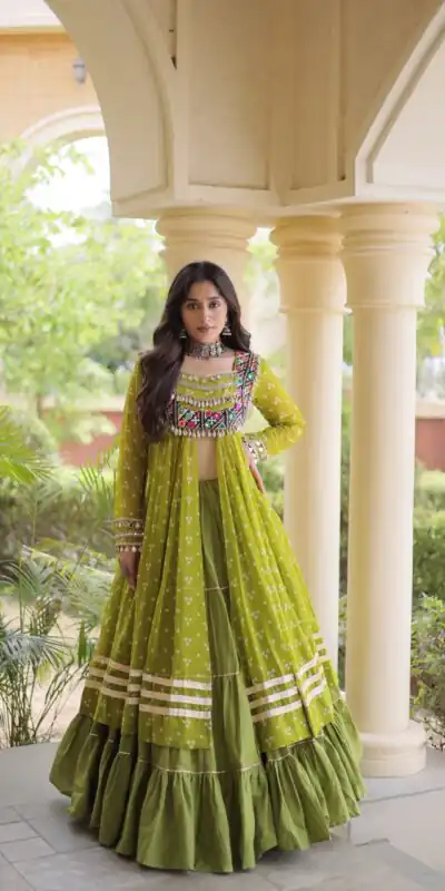 KA 5081 Mahendi| Faux Georgette Lehenga Choli with Embroidery Work & Lace Work. Special Price ₹3099. Delivery 4-6 Working Days. Shop now. | Lehenga, Bollywood Lehenga, Creative Lehenga, Designer Lehenga, Embroidered Lehenga, Party Wear Lehenga