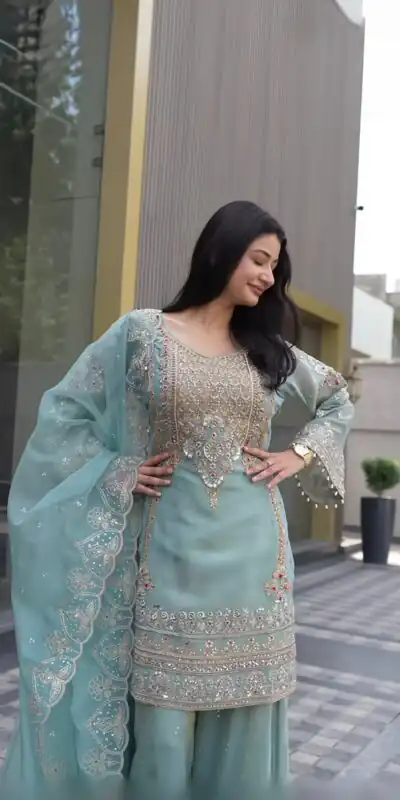 NSR 904 Dusty Blue Faux Georgette Salwar Suit with Mirror Work & Embroidery Work. Get it for ₹2399. Delivery 4-6 Working Days. Shop now. | Jump Suits, Salwar suit, Designer Suits, Casual Suits, Creative suits, Palazzo Suits, Party Wear Suits, Patiala Suits, Straight Suits