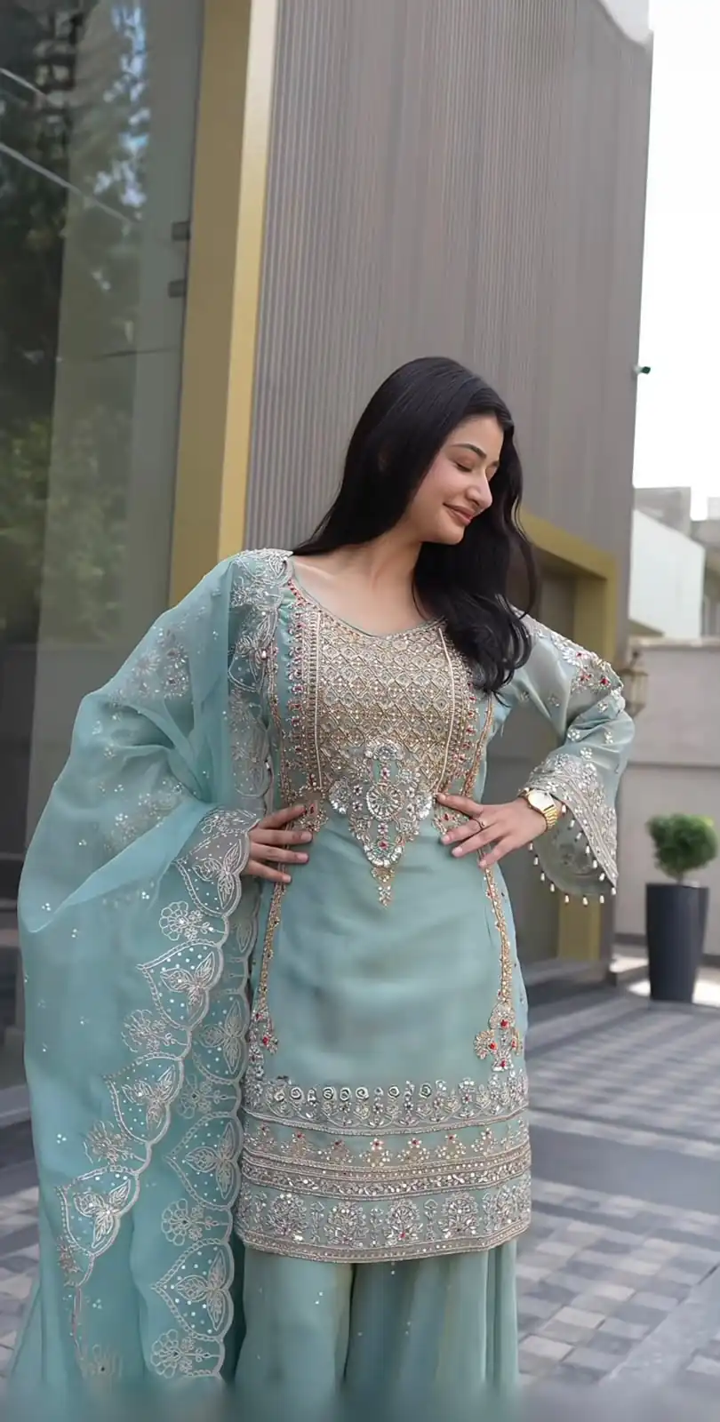 NSR 904 Dusty Blue Faux Georgette Salwar Suit with Mirror Work & Embroidery Work. Get it for ₹2399. Delivery 4-6 Working Days. Shop now. | Jump Suits, Salwar suit, Designer Suits, Casual Suits, Creative suits, Palazzo Suits, Party Wear Suits, Patiala Suits, Straight Suits