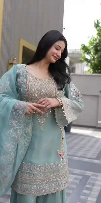 NSR 904 Dusty Blue Faux Georgette Salwar Suit with Mirror Work & Embroidery Work. Get it for ₹2399. Delivery 4-6 Working Days. Shop now. | Jump Suits, Salwar suit, Designer Suits, Casual Suits, Creative suits, Palazzo Suits, Party Wear Suits, Patiala Suits, Straight Suits
