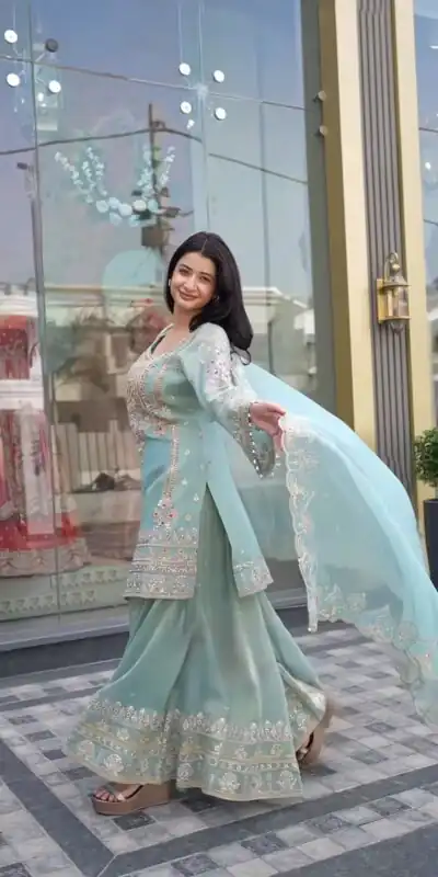 NSR 904 Dusty Blue Faux Georgette Salwar Suit with Mirror Work & Embroidery Work. Get it for ₹2399. Delivery 4-6 Working Days. Shop now. | Jump Suits, Salwar suit, Designer Suits, Casual Suits, Creative suits, Palazzo Suits, Party Wear Suits, Patiala Suits, Straight Suits