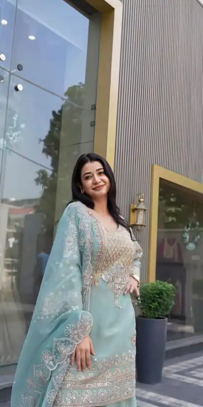 NSR 904 Dusty Blue Faux Georgette Salwar Suit with Mirror Work & Embroidery Work. Get it for ₹2399. Delivery 4-6 Working Days. Shop now. | Jump Suits, Salwar suit, Designer Suits, Casual Suits, Creative suits, Palazzo Suits, Party Wear Suits, Patiala Suits, Straight Suits