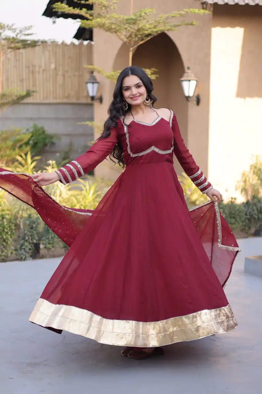 KA 1261 Maroon Silver Crunchy Gown Perfect for Wedding, Party, Durga Puja, Ganesh Chaturthi, Family Gatherings – n. Festive Deal ₹2249. Delivery 4-6 Worki | Gowns, Bollywood Gowns, Creative Gowns, Designer Gowns, Embroidered Gowns, Party Wear Gowns