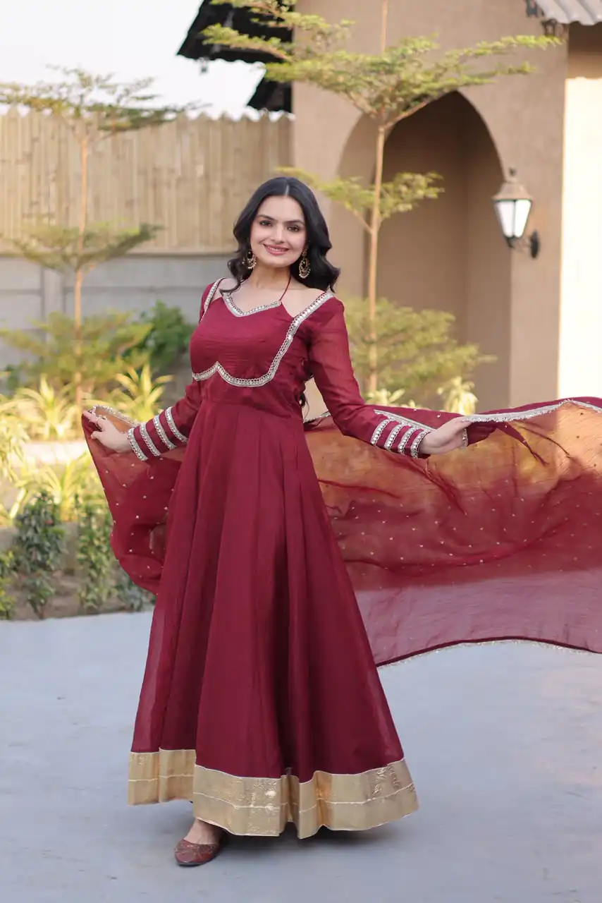 KA 1261 Maroon Silver Crunchy Gown Perfect for Wedding, Party, Durga Puja, Ganesh Chaturthi, Family Gatherings – n. Festive Deal ₹2249. Delivery 4-6 Worki | Gowns, Bollywood Gowns, Creative Gowns, Designer Gowns, Embroidered Gowns, Party Wear Gowns