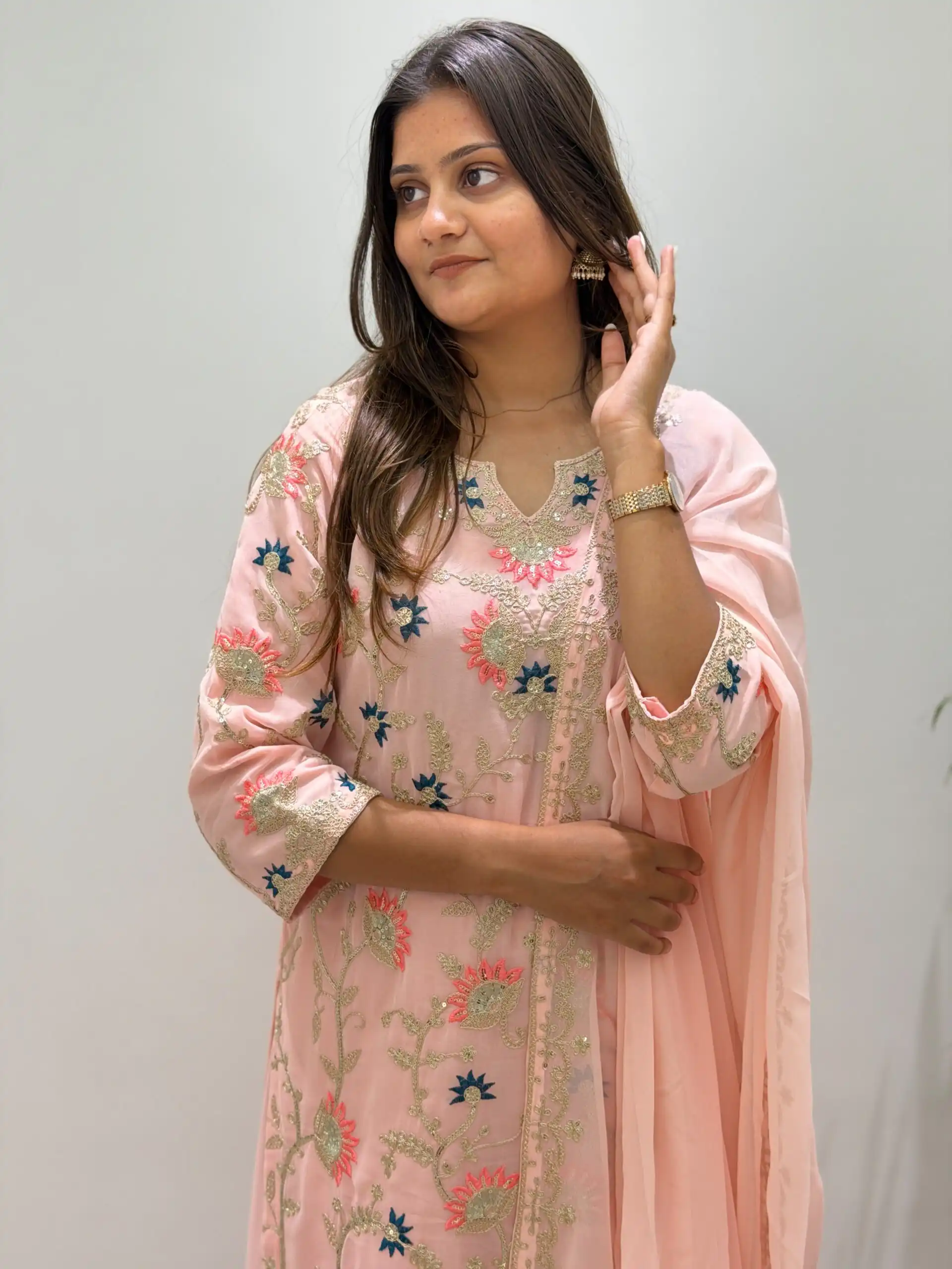 BE 486 Peach Faux Georgette Salwar Suit with Mirror Work & Embroidery Work. Get it for ₹2449. Delivery 4-6 Working Days. Shop now. | Jump Suits, Salwar suit, Designer Suits, Casual Suits, Creative suits, Palazzo Suits, Party Wear Suits, Patiala Suits, Straight Suits