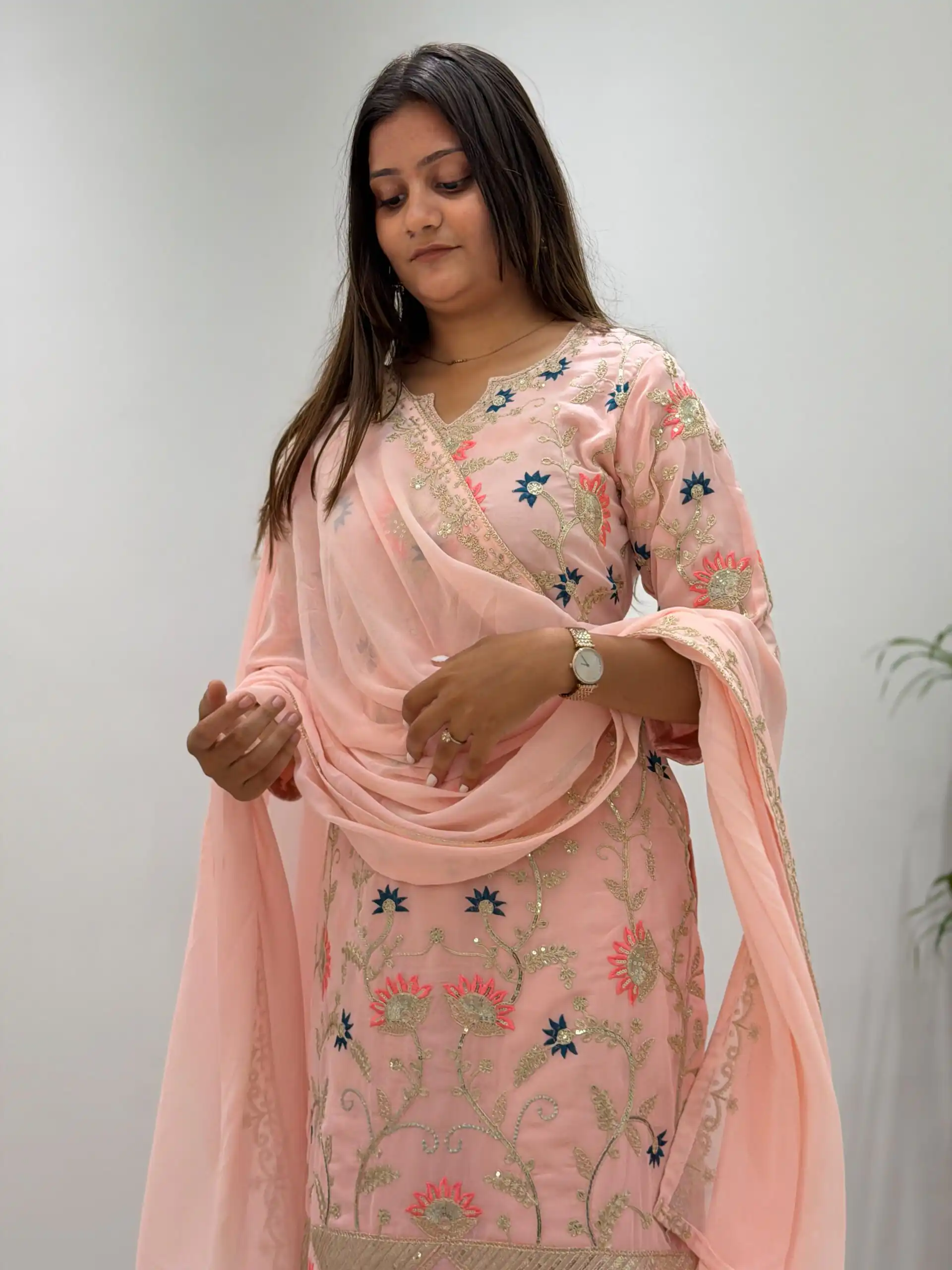 BE 486 Peach Faux Georgette Salwar Suit with Mirror Work & Embroidery Work. Get it for ₹2449. Delivery 4-6 Working Days. Shop now. | Jump Suits, Salwar suit, Designer Suits, Casual Suits, Creative suits, Palazzo Suits, Party Wear Suits, Patiala Suits, Straight Suits