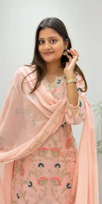 BE 486 Peach Faux Georgette Salwar Suit with Mirror Work & Embroidery Work. Get it for ₹2449. Delivery 4-6 Working Days. Shop now. | Jump Suits, Salwar suit, Designer Suits, Casual Suits, Creative suits, Palazzo Suits, Party Wear Suits, Patiala Suits, Straight Suits