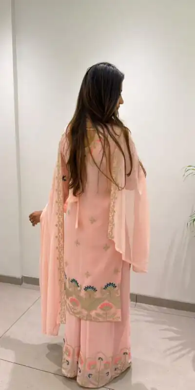 BE 486 Peach Faux Georgette Salwar Suit with Mirror Work & Embroidery Work. Get it for ₹2449. Delivery 4-6 Working Days. Shop now. | Jump Suits, Salwar suit, Designer Suits, Casual Suits, Creative suits, Palazzo Suits, Party Wear Suits, Patiala Suits, Straight Suits