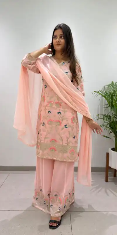 BE 486 Peach Faux Georgette Salwar Suit with Mirror Work & Embroidery Work. Get it for ₹2449. Delivery 4-6 Working Days. Shop now. | Jump Suits, Salwar suit, Designer Suits, Casual Suits, Creative suits, Palazzo Suits, Party Wear Suits, Patiala Suits, Straight Suits