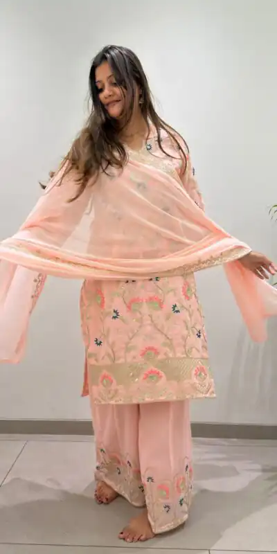 BE 486 Peach Faux Georgette Salwar Suit with Mirror Work & Embroidery Work. Get it for ₹2449. Delivery 4-6 Working Days. Shop now. | Jump Suits, Salwar suit, Designer Suits, Casual Suits, Creative suits, Palazzo Suits, Party Wear Suits, Patiala Suits, Straight Suits