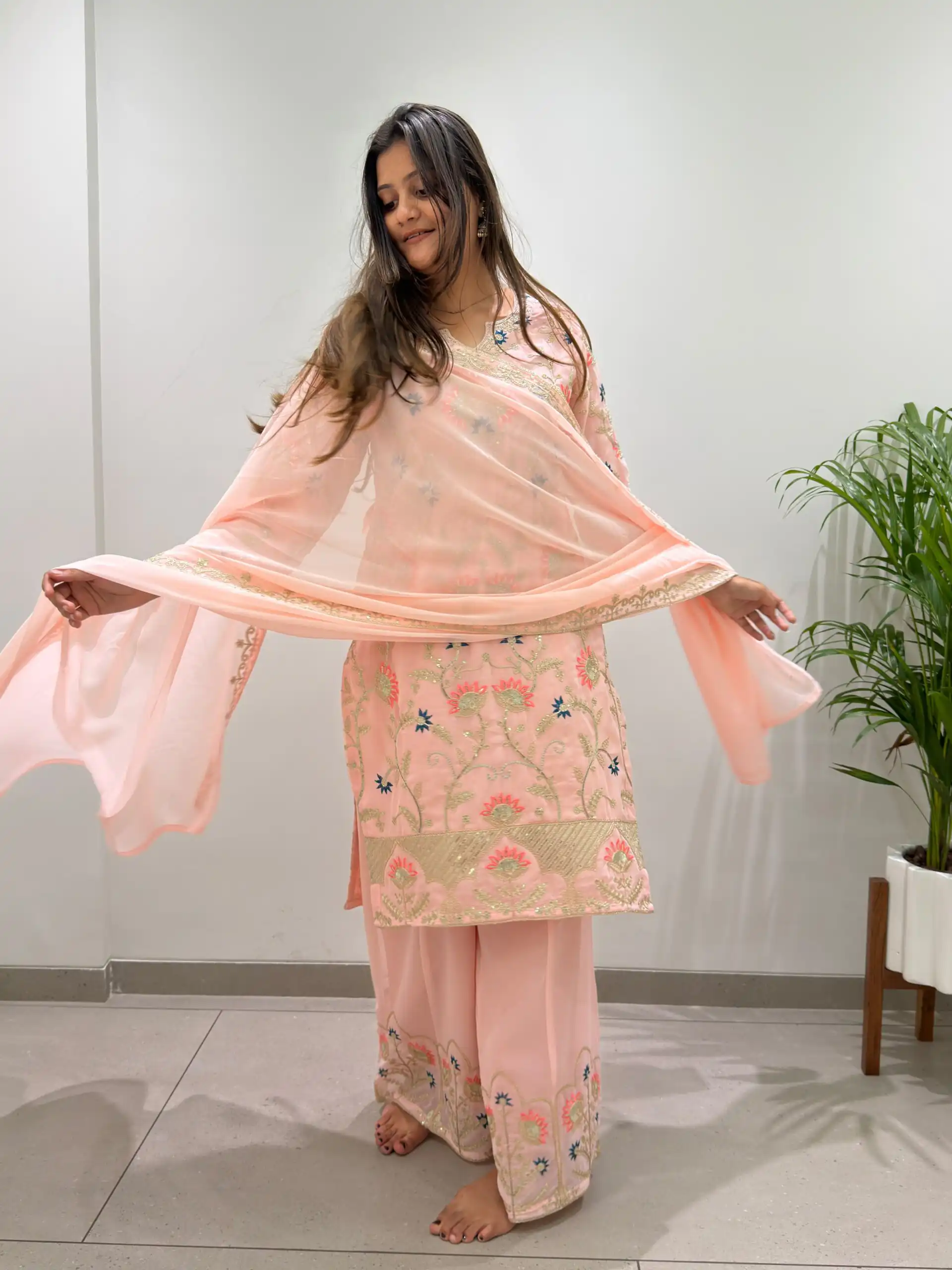 BE 486 Peach Faux Georgette Salwar Suit with Mirror Work & Embroidery Work. Get it for ₹2449. Delivery 4-6 Working Days. Shop now. | Jump Suits, Salwar suit, Designer Suits, Casual Suits, Creative suits, Palazzo Suits, Party Wear Suits, Patiala Suits, Straight Suits